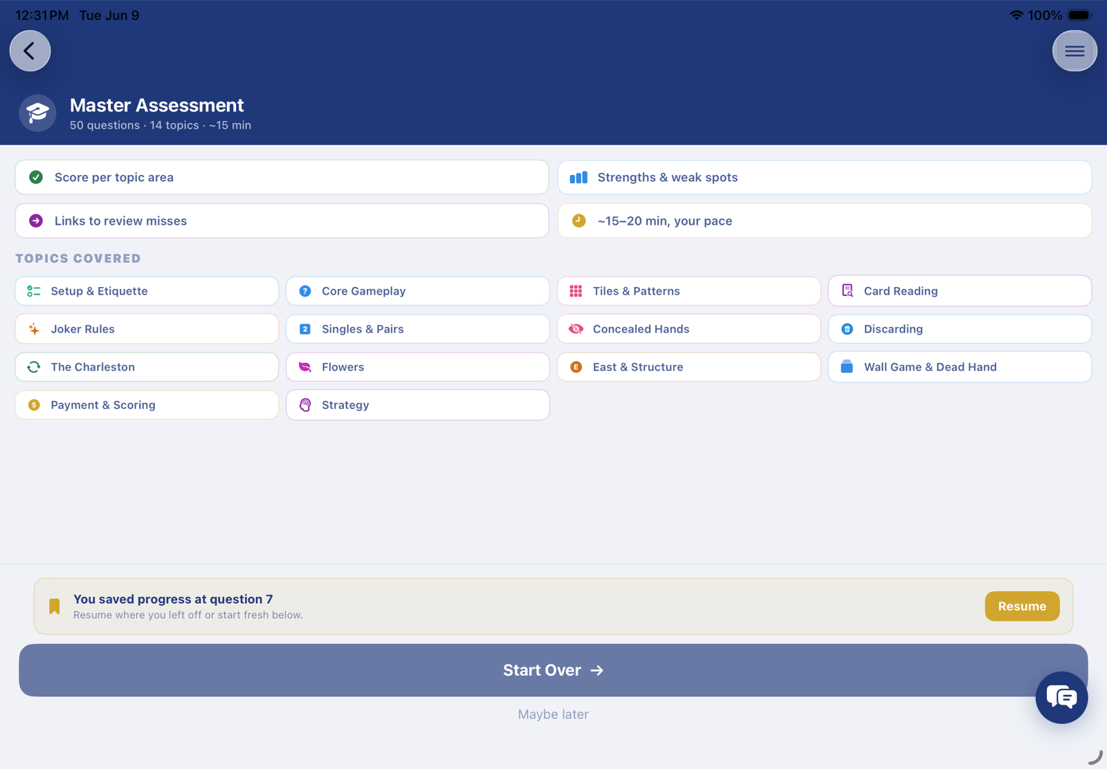 Tile Wise Master Assessment screen — 50 questions across 14 topics, score per topic area, strengths and weak spots, and links to review misses